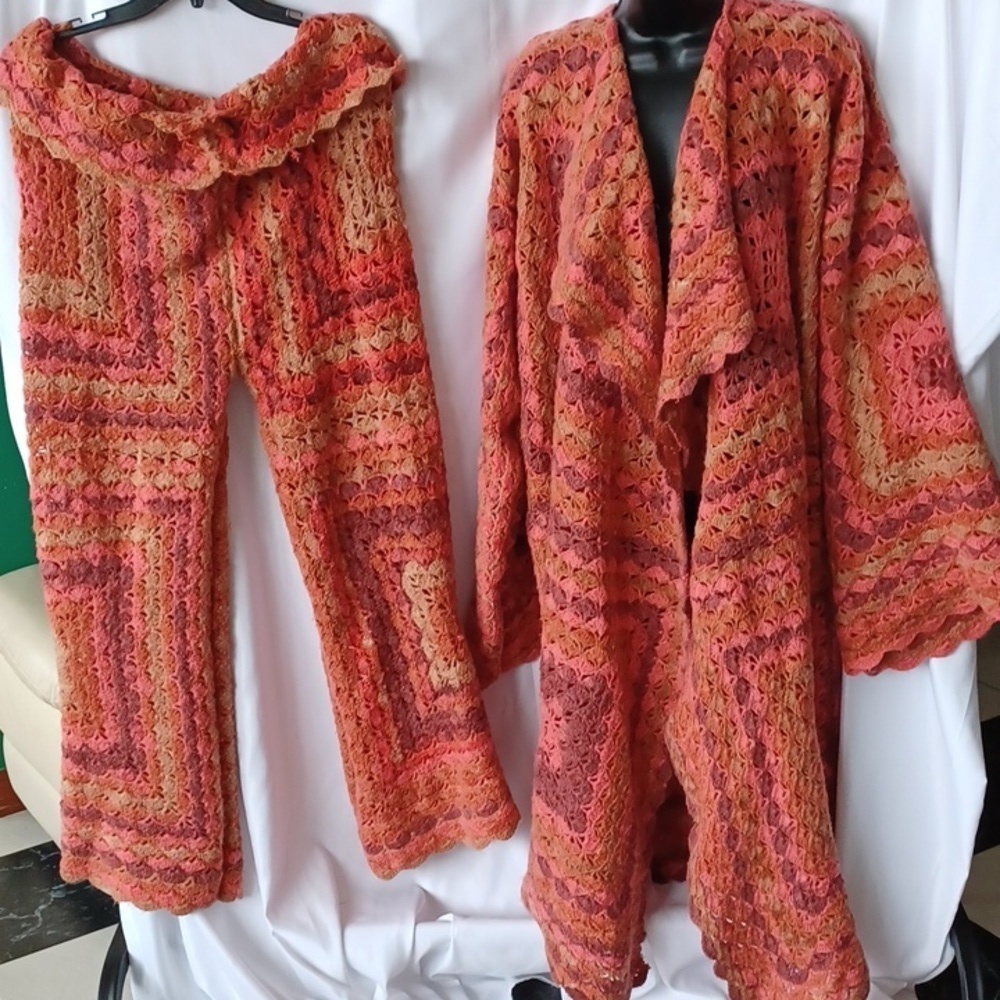 Vintage handmade granny square crochet duster cardigan set, open front, & pants